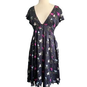 4 Free People 100% Silk Navy Blue Floral Short Sleeve Dress